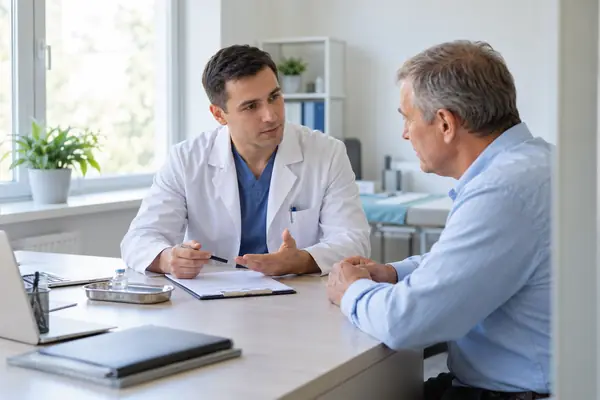 врач разговаривает с пациентом о кодировании уколом под лопатку